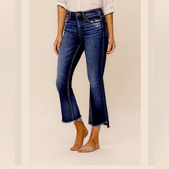 Flying Monkey Crop Flare Distressed Dark Blue Flare Jeans, waist size 30 - Picture 1 of 9